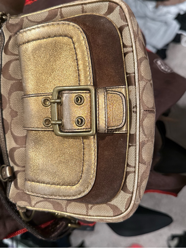 Coach Gold And Brown Signature Canvas Buckle Crossbody Bag